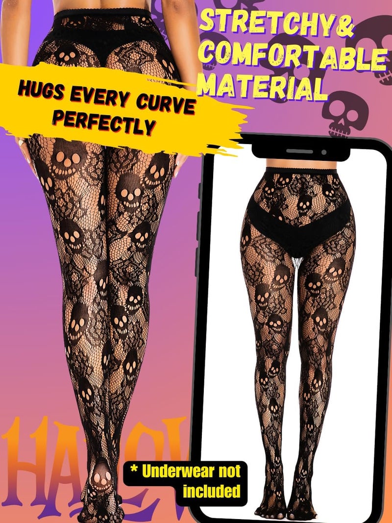 ShawGobow Goth Tights For Women,Sheer Mesh Skull Fishnets Leggings,Patterned Sexy Stockings Halloween Costume Black - Image 2